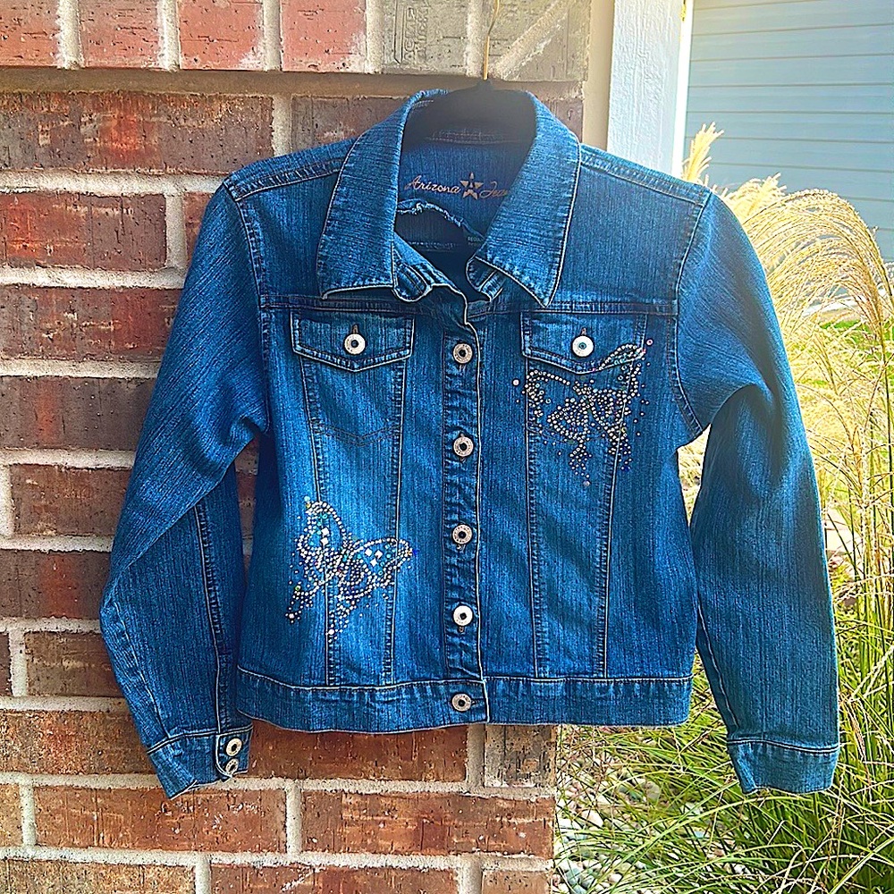 Arizona Jean Co Girls size L Medium Denim Butterfly 🦋 Jeweled Jean Jacket